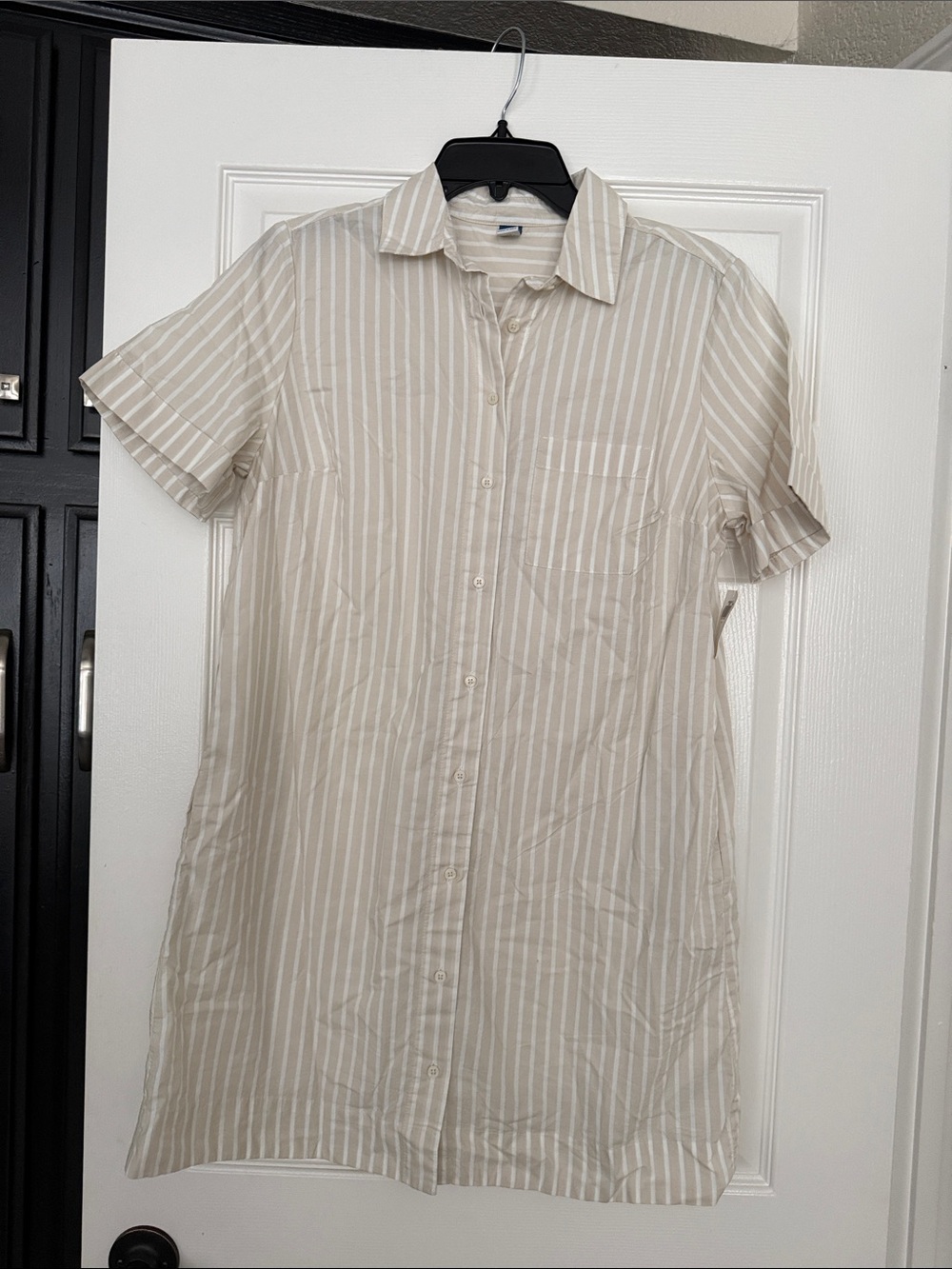 Old Navy Womens Short-Sleeve Button-Up Shirt Dress - Beige Stripe NWT